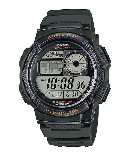 CASIO SPORT DIVER - WORLD TIME ILLUMINATOR 5 ALARMS, 10 YEARS BATTERY - ARMY GREEN AE-1000W-3AVDF