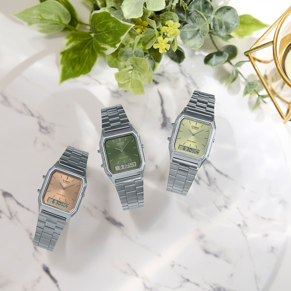 CASIO VINTAGE EDGY KOLLEKTSIOON PÄIKESEKIIRTEGA SÄRAV SIHVERPLAAT - ROHELINE SIDRUN AQ-230A-9AMQYES