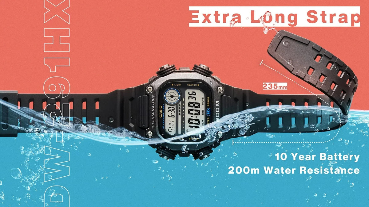 CASIO SPORT ILLUMINATOR DIVER 200M, 10 YEARS BATTERY - XL STRAP - BLACK DW-291HX-1AVDF