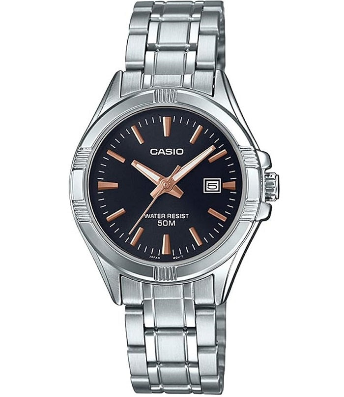 CASIO COLLECTION LADY DATE - ЧЁРНЫЙ, БРОНЗОВЫЕ ИНДЕКСЫ LTP-1308D-1A2VDF