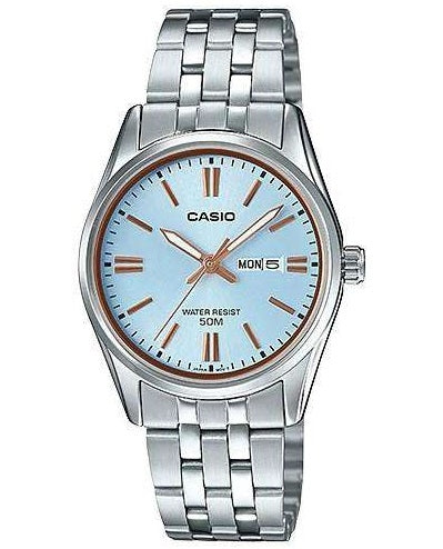 CASIO COLLECTION LADY DAY & DATE - СВЕТЛО-ГОЛУБОЙ, БРОНЗОВЫЕ ИНДЕКСЫ LTP-1335D-2AVDF
