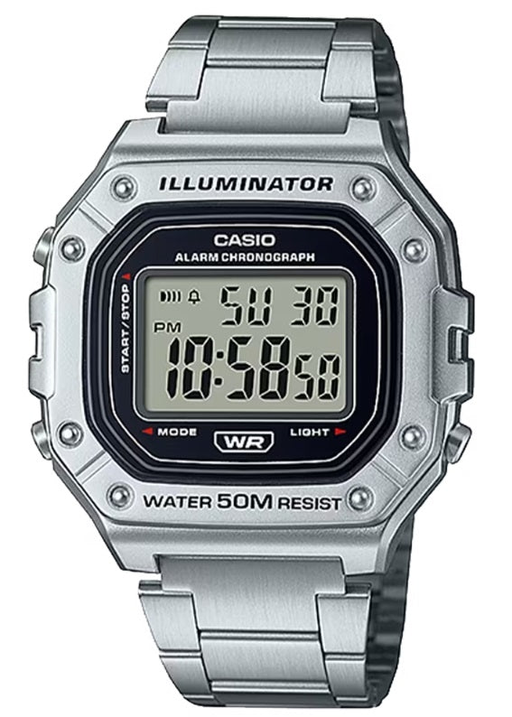CASIO TIMELESS COLLECTION SPORT ILLUMINATOR WR 50M, ALARM, KRONOGRAAF – HÕBEDANE – METALLSEERIA W-218HD-1AVDF