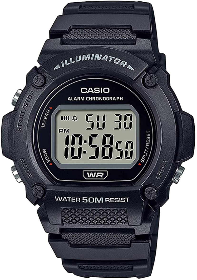 CASIO TIMELESS COLLECTION SPORT- ILLUMINATOR WR 50M, ÄRATUS, KRONOGRAAF - MUST W-219H-1AVDF