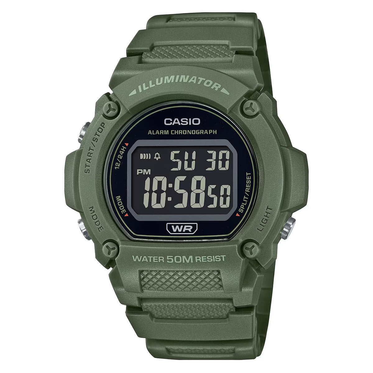 CASIO TIMELESS COLLECTION SPORT- ILLUMINATOR WR 50M, ALARM, CHRONOGRAPH - ARMY GREEN - COLORED SERIE W-219HC-3BVDF