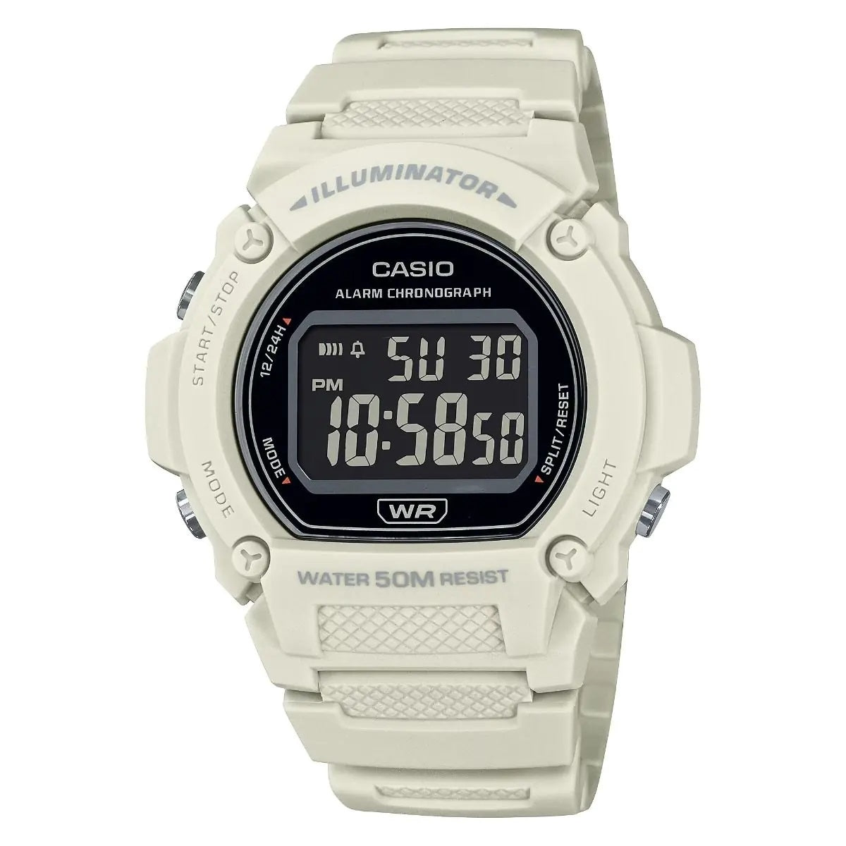 CASIO TIMELESS COLLECTION SPORT - ILLUMINATOR WR 50M, БУДИЛЬНИК, ХРОНОГРАФ - БЕЛЫЕ - ЦВЕТНАЯ СЕРИЯ W-219HC-8BVDF