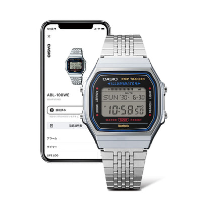 CASIO VINTAGE BLUETOOTH® NUTITELEFONIGA ÜHENDAMINE - TERAS - sisseehitatud kiirendusmõõtur tuvastab keha liikumise + sammulugeja - MUST ABL-100WE-1AEF