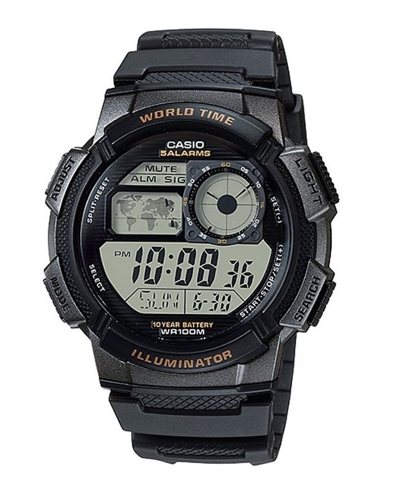 CASIO SPORT DIVER - MAAILMAAEG, VALGUSTUS, 5 ALARMI, 10-AASTANE PATAREI - MUST AE-1000W-1AVDF