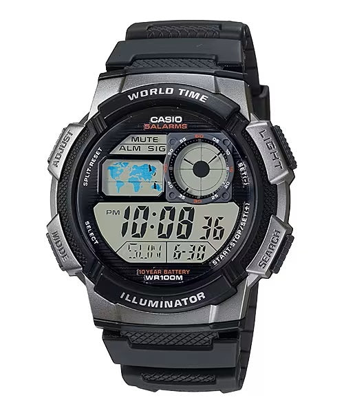 CASIO SPORT DIVER - WORLD TIME ILLUMINATOR 5 ALARMS, 10 YEARS BATTERY - BLACK AE-1000W-1BVDF