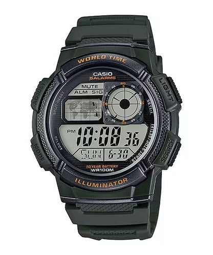 CASIO SPORT DIVER - WORLD TIME ILLUMINATOR 5 ALARMI, 10-AASTANE AKU - ARMY GREEN AE-1000W-3AVDF
