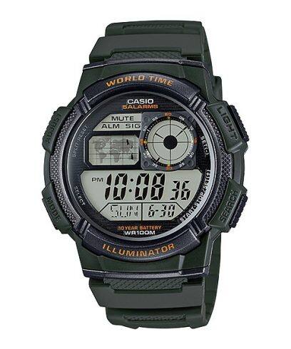 CASIO SPORT DIVER - WORLD TIME ILLUMINATOR 5 ALARMI, 10-AASTANE AKU - ARMY GREEN AE-1000W-3AVDF