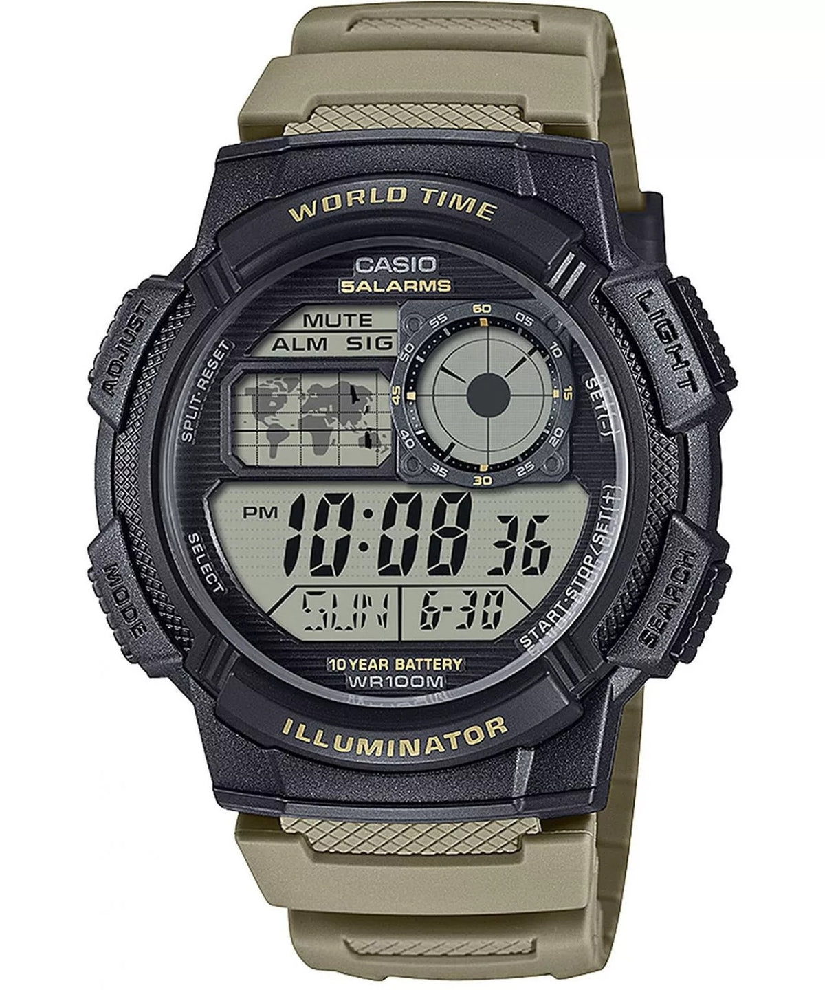CASIO SPORT DIVER - МИРОВОЕ ВРЕМЯ ПОДСВЕТКА 5 БУДИЛЬНИКОВ, БАТАРЕЯ 10 ЛЕТ - СЕРОВАТО-КОРИЧНЕВЫЙ AE-1000W-5AVEF