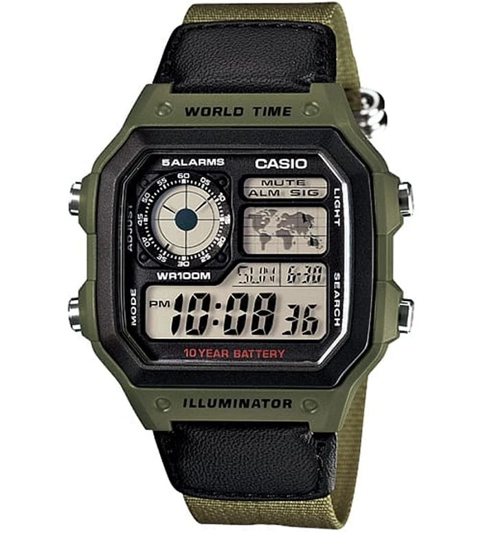 CASIO SPORT DIVER - WORLD TIME ILLUMINATOR 5 ALARMI - FUTURE CLASSIC KOLLEKTSIOON - KHAKI ROHELINE AE-1200WHB-3BVDF