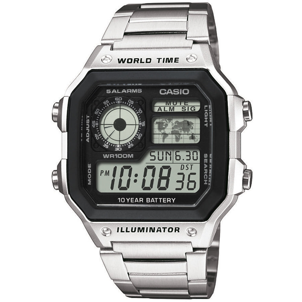 CASIO SPORT WORLD TIME ILLUMINATOR 5 ALARMS - FUTURE CLASSIC COLLECTION - BLACK STEEL AE-1200WHD-1AVEF
