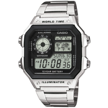 CASIO SPORT WORLD TIME ILLUMINATOR 5 ALARMS - FUTURE CLASSIC COLLECTION - BLACK STEEL AE-1200WHD-1AVEF