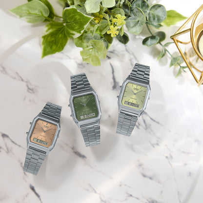 CASIO VINTAGE EDGY KOLLEKTSIOON PÄIKESEKIIRTEGA SÄRAV SIHVERPLAAT - ROHELINE SIDRUN AQ-230A-9AMQYES