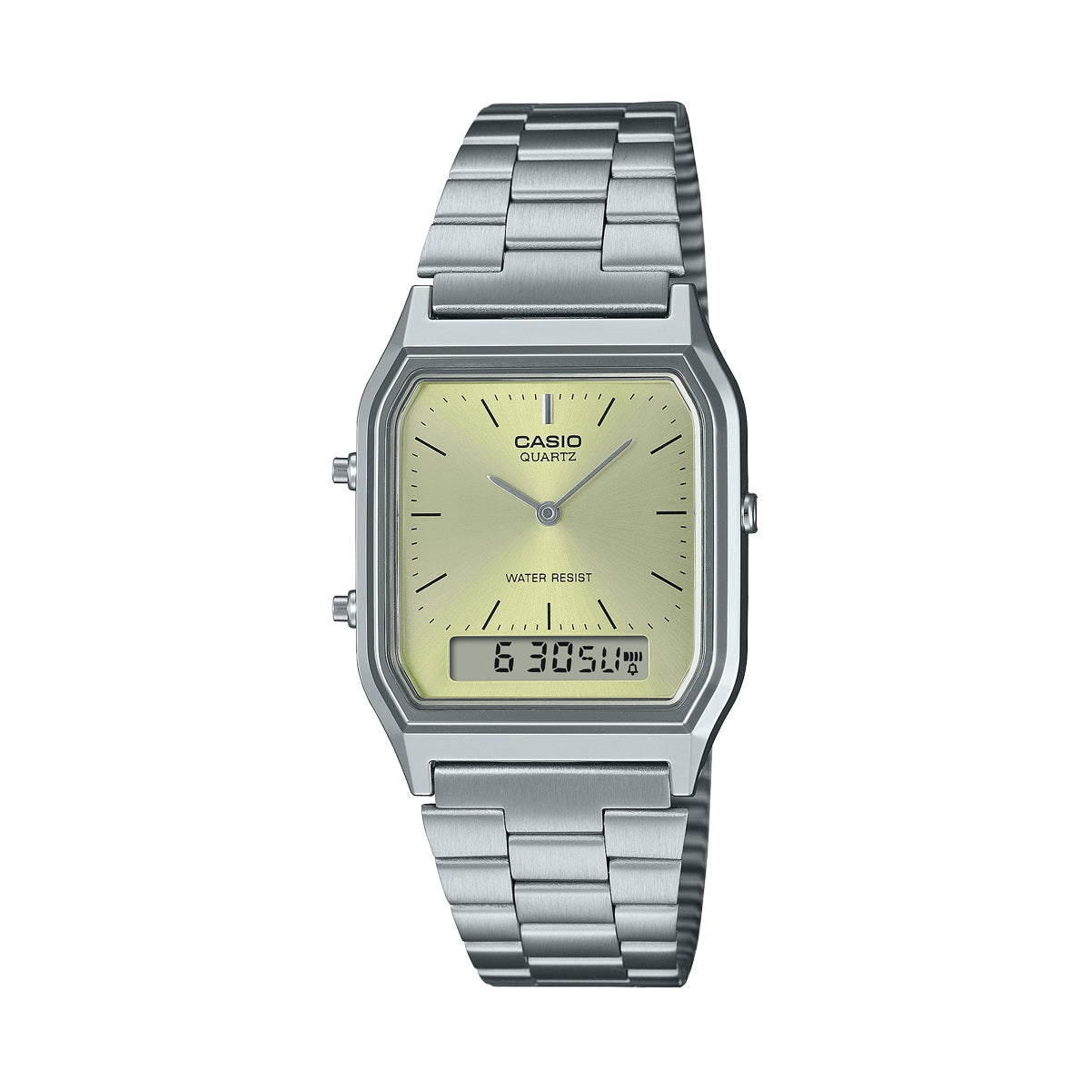 CASIO VINTAGE EDGY KOLLEKTSIOON PÄIKESEKIIRTEGA SÄRAV SIHVERPLAAT - ROHELINE SIDRUN AQ-230A-9AMQYES