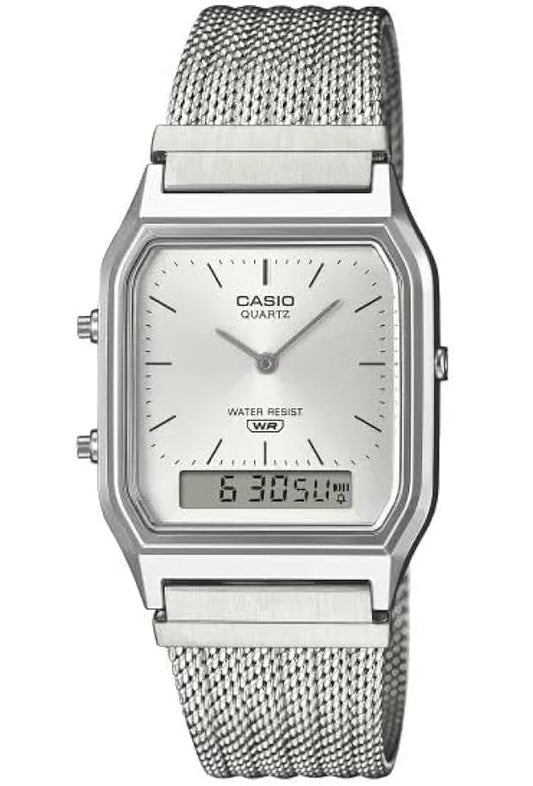 CASIO VINTAGE EDGY KOLLEKTSIOON, PÄIKESEKIIRE MUSTRIGA SIHVERPLAAT – VÕRKRIHM, HÕBEDANE AQ-230EM-7AEF