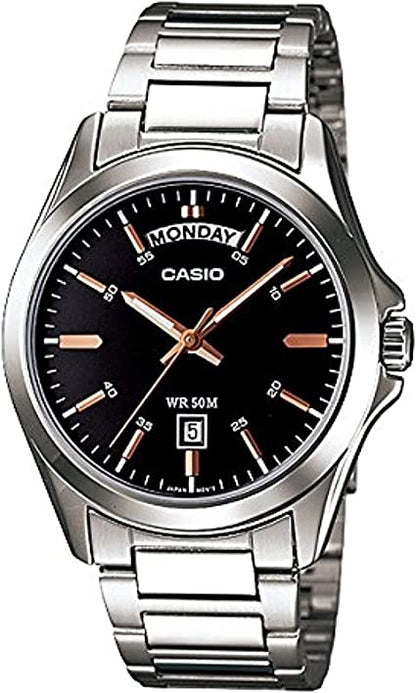 CASIO COLLECTION DAY DATE — ЧЕРНЫЙ ЦИФЕРБЛАТ С МЕТКАМИ ЦВЕТА РОЗОВОГО ЗОЛОТА MTP-1370D-1A2VDF