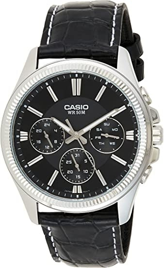 CASIO PÄEVA JA KUUPÄEVA NÄIDIKUGA MULTIFUNKTSIONAALNE KÄEKELL, NAHKRIHM – MUST MTP-1375L-1AVDF
