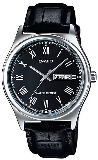 CASIO COLLECTION NÄDALA- JA KUUPÄEVANÄIDIK, ROOMA NUMBRID. NAHK - MUST MTP-V006L-1BUDF