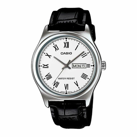 CASIO COLLECTION DAY DATE ROMAN INDEXES, LEATHER - WHITE