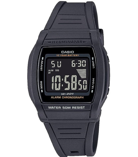 CASIO DIGITAL SPORT Julge sihverplaat. LED-valgustus. 10-aastane aku W-201-1BVDF
