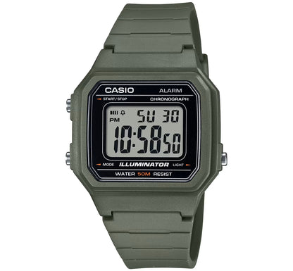 CASIO TIMELESS COLLECTION SPORT ILLUMINATOR WR 50M, БУДИЛЬНИК, ХРОНОГРАФ - ЗЕЛЕНЫЙ (АРМЕЙСКИЙ) W-217H-3AVDF