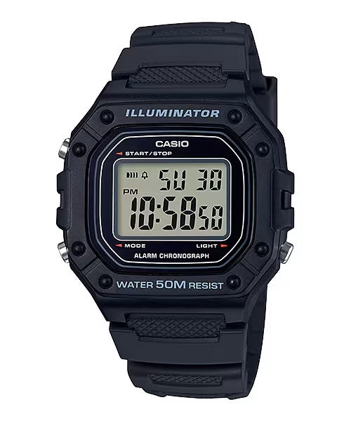 CASIO TIMELESS COLLECTION SPORT ILLUMINATOR WR 50M, БУДИЛЬНИК, ХРОНОГРАФ - ЧЕРНЫЕ W-218H-1AVDF