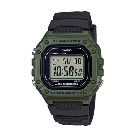 CASIO TIMELESS COLLECTION SPORT ILLUMINATOR WR 50M, ÄRATUS, KRONOGRAAF - ARMY GREEN W-218H-3AVEF