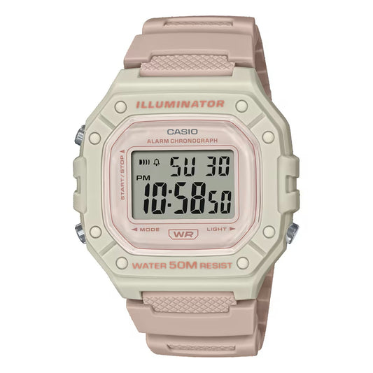 CASIO TIMELESS COLLECTION SPORT ILLUMINATOR WR 50M, ÄRATUS, KRONOGRAAF – HELEROOSA – VÄRVILINE SEERIA W-218HC-4A2VDF