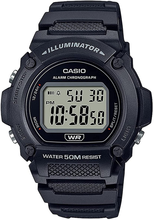 CASIO TIMELESS COLLECTION SPORT- ILLUMINATOR WR 50M, БУДИЛЬНИК, ХРОНОГРАФ - ЧЕРНЫЙ W-219H-1AVDF