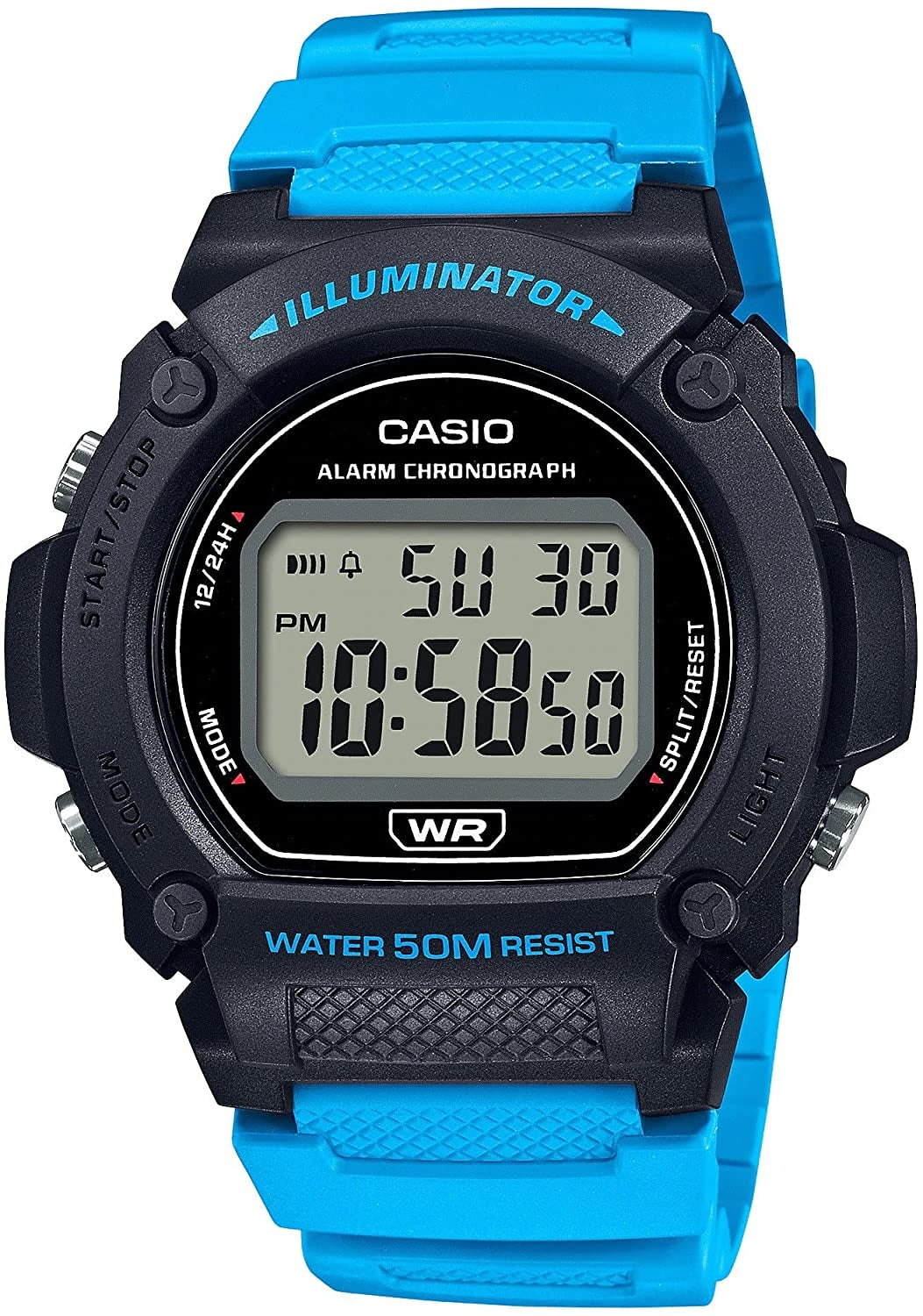 CASIO TIMELESS COLLECTION SPORT – ILLUMINATOR, WR 50M, ALARM, KRONOGRAAF – MUST (Säravat värvi rihm) W-219H-2A2VDF