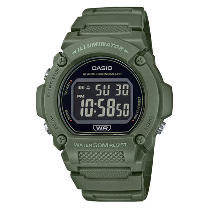 CASIO TIMELESS COLLECTION SPORT – ILLUMINATOR WR 50M, ALARM, KRONOGRAAF – ARMEEROHELINE – COLORED SERIE W-219HC-3BVDF