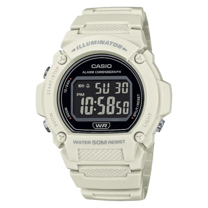 CASIO TIMELESS COLLECTION SPORT- ILLUMINATOR WR 50M, ALARM, KRONOGRAAF - VALGE - COLORED SERIE W-219HC-8BVDF
