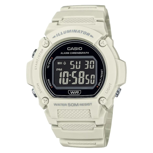 CASIO TIMELESS COLLECTION SPORT- ILLUMINATOR WR 50M, ALARM, CHRONOGRAPH - WHITE - COLORED SERIE W-219HC-8BVDF