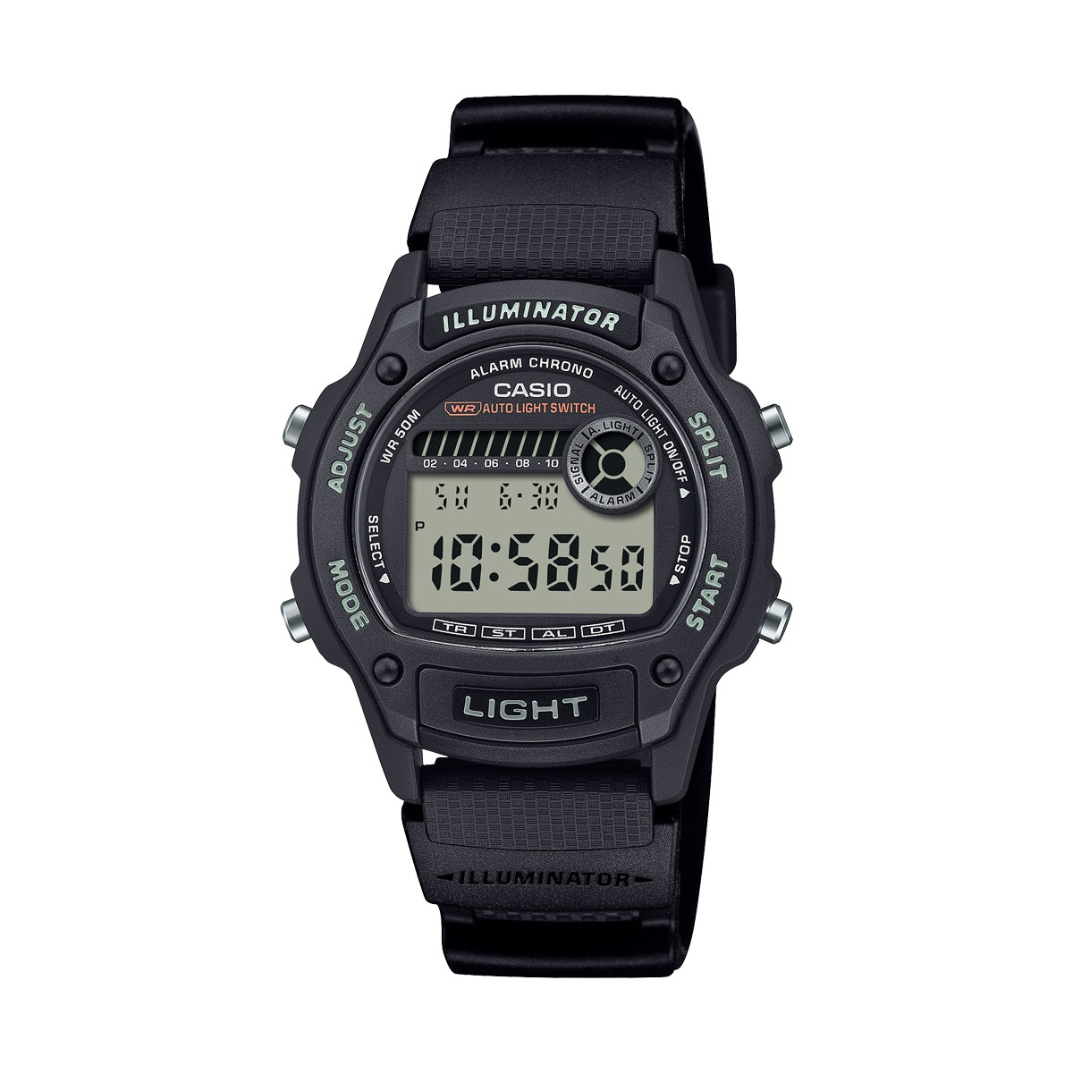 CASIO SPORT ILLUMINATOR VÄIKESELE RANNELE 36,6 mm korpus, bio-põhine vaikrihm – MUST W-220H-1AVEF